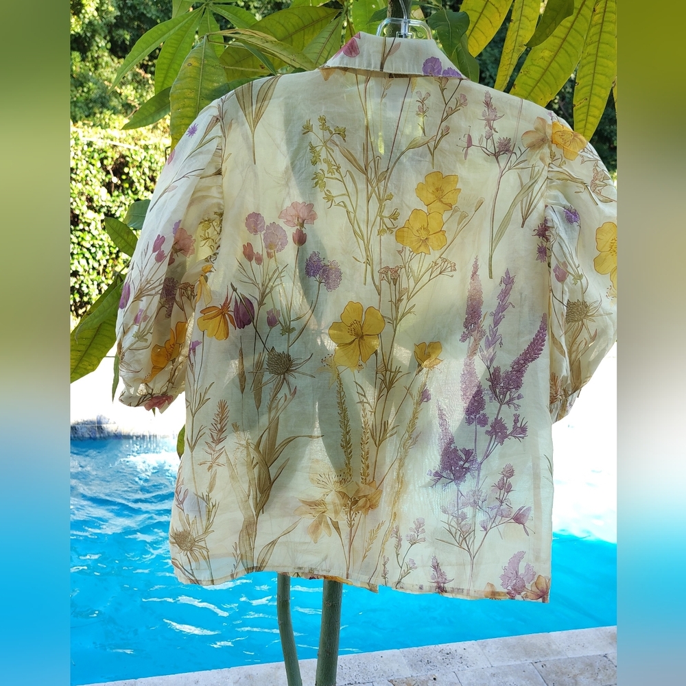 BAILEY 44 PRETTY BOTANICAL FLORAL BUTTON UP TOP w SHORT PUFF SLEEVES WOMENS Sz S - Picture 2 of 6